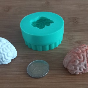 Könnte beinhalten: Eine tealfarbene Silikonform in Form eines Gehirns, mit zwei fertigen Gehirn-förmigen Gussteilen, einem weißen und einem braunen.