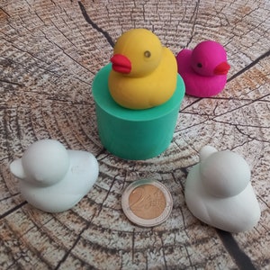 Könnte beinhalten: Drei Gummiente-Figuren. Eine gelbe Ente sitzt auf einer türkisfarbenen Silikonform. Eine weiße Ente ist links und eine rosa Ente ist rechts.