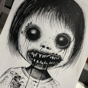 May include: A black and white illustration of a child with large, dark eyes and sharp teeth. The child's hair is short and black, and the face has dark streaks. The child is wearing a white t-shirt with dark stains.