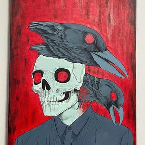 Dark Gothic Skull Painting: Horror Crow Art, Macabre Wall Decor