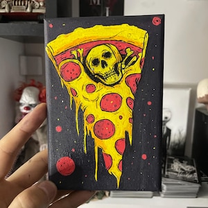 Original Pizza Skull Acrylic Painting: Gothic Kitchen Art (4x6)