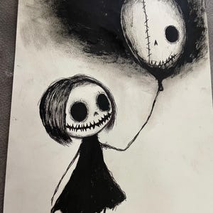 Opera originale su carta. Ragazza infestata con palloncino – stampe artistiche da parete 8x11 pollici, illustrazione a penna e inchiostro