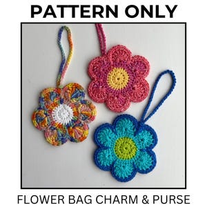 Close-up view of a colorful crochet flower bag charm made with vibrant yarn in a floral design
