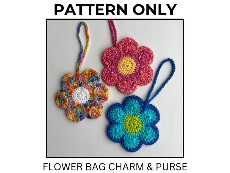 Close-up view of a colorful crochet flower bag charm made with vibrant yarn in a floral design