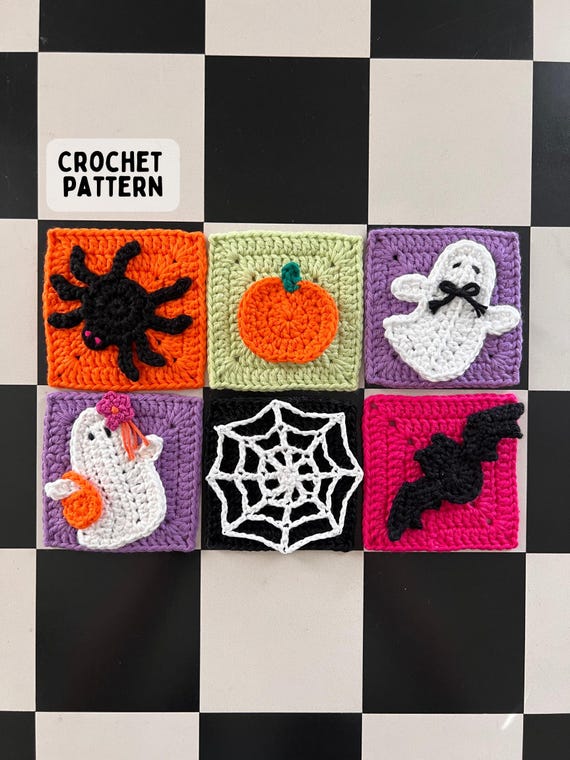 Halloween Crochet Applique Pattern Collection: Bat, Ghost, Pumpkin, Spider, Spiderweb, Granny Square (PDF Pattern)