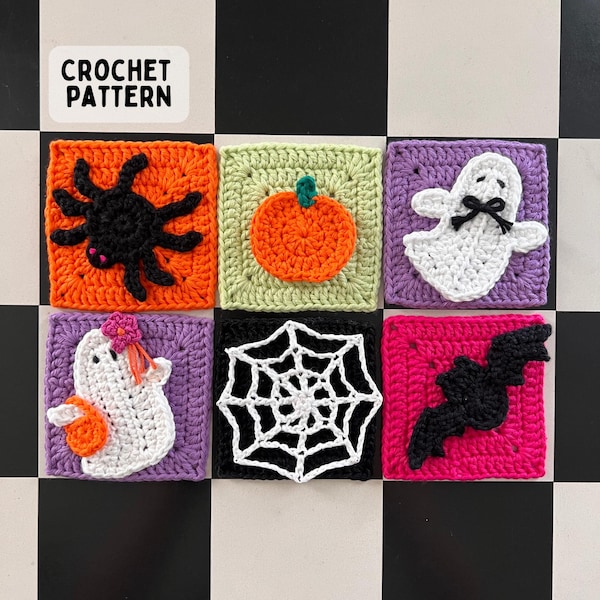 Halloween Crochet Applique Pattern Collection: Bat, Ghost, Pumpkin, Spider, Spiderweb, Granny Square (PDF Pattern)