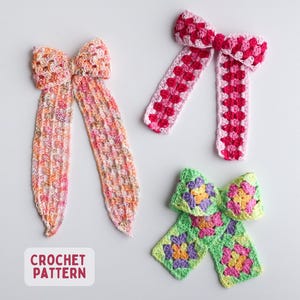 May include: Three handmade crochet bows in pink, red, and green. One bow is a mix of pink and orange, another is red and pink, and the last is green, purple, and yellow. The text "CROCHET PATTERN" is visible.