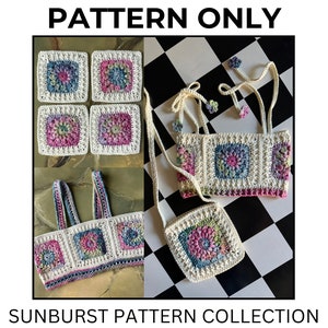 May include: Crochet pattern for a white top, bag, and coasters with a floral design. The pattern is called "Sunburst Pattern Collection".