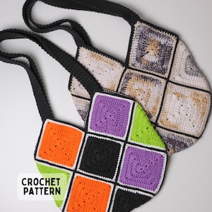 May include: Two handmade crochet bags with black straps. One bag features a vibrant granny square pattern in orange, purple, lime green, and black. The second bag displays a neutral granny square pattern in shades of white, beige, and gray. Text reads CROCHET PATTERN.