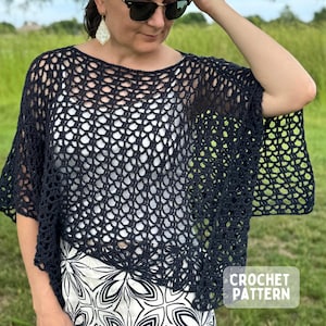 May include: A dark navy blue crochet poncho featuring an open, airy mesh stitch pattern with a wide boat neckline and short sleeves. The garment is layered over a white top and white shorts with a black floral print. Text reads CROCHET PATTERN.