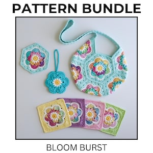May include: A crochet pattern bundle called "Bloom Burst" featuring a variety of colorful flower designs. The bundle includes a tote bag, a small hanging ornament, a coaster, and four square motifs.