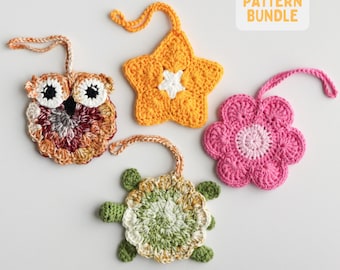 May include: Four crocheted ornaments with hanging loops, including an owl in shades of brown, a yellow star, a green and white turtle, and a pink flower. A white rectangular label in the top right corner displays the text PATTERN BUNDLE.