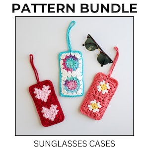 以下が含まれることがあります： サングラスケース用のクロシェパターン3つ。パターンは、ピンクのハートが付いた赤いケース、ピンクと白の花が付いた青いケース、黄色の花が付いたピンクのケースです。