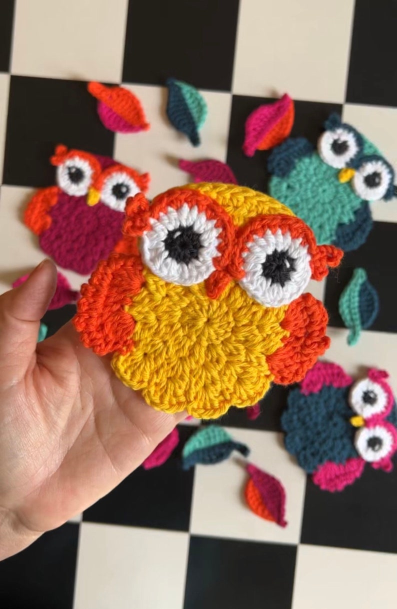 May include: A set of crocheted owl and leaf appliques in various colors, including yellow, orange, red, pink, teal, and blue. The owls have large, white eyes with black pupils.