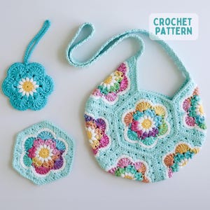 Bloom Burst Hexagon Virkmönster / Blommotiv, Väska och Berlock (PDF-mönster)