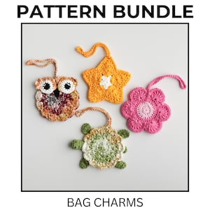 Crochet Bag Charms Pattern Bundle: Owl, Turtle, Star, Flower (PDF Pattern)