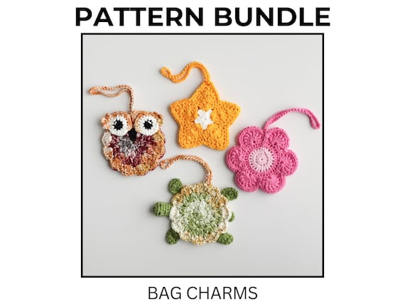 Crochet Bag Charms Pattern Bundle: Owl, Turtle, Star, Flower (PDF Pattern)