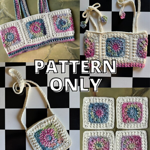 PATTERN ONLY: Sunburst Pattern Collection / Crochet Granny Square / Crop Top / Purse / Blanket