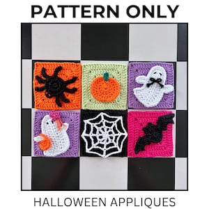 Halloween Crochet Applique Pattern Collection: Bat, Ghost, Pumpkin, Spider, Spiderweb, Granny Square (PDF Pattern)