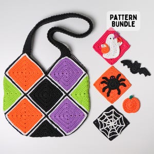 May include: A crochet tote bag made of orange, purple, black, and lime green granny squares with a black handle. Beside it are crochet appliques: a ghost, a spider, a bat, a pumpkin, and a spiderweb, with a label reading PATTERN BUNDLE.