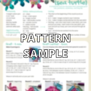 May include: A crochet pattern sample for a Honu (sea turtle) amigurumi. The sample shows different stages of the crochet pattern, including the beginning, middle, and end of the pattern. The pattern is written in English.
