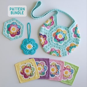 May include: A crochet pattern bundle featuring a light blue bag, a hexagonal coaster, a flower-shaped ornament, and four square motifs. Each item displays colorful floral designs with yellow centers and petals in pink, blue, and white yarn.