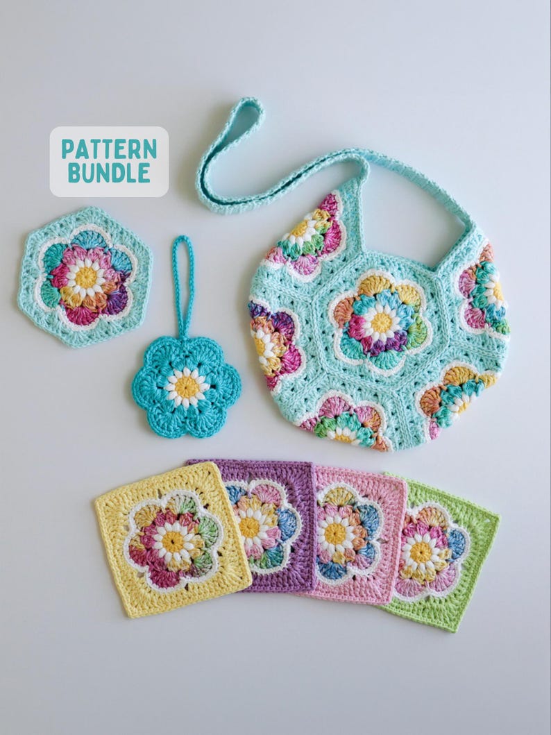 May include: A crochet pattern bundle featuring a light blue bag, a hexagonal coaster, a flower-shaped ornament, and four square motifs. Each item displays colorful floral designs with yellow centers and petals in pink, blue, and white yarn.