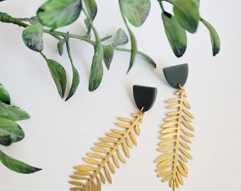 Brass Fern Clay Earrings - hypoallergenic steel studs