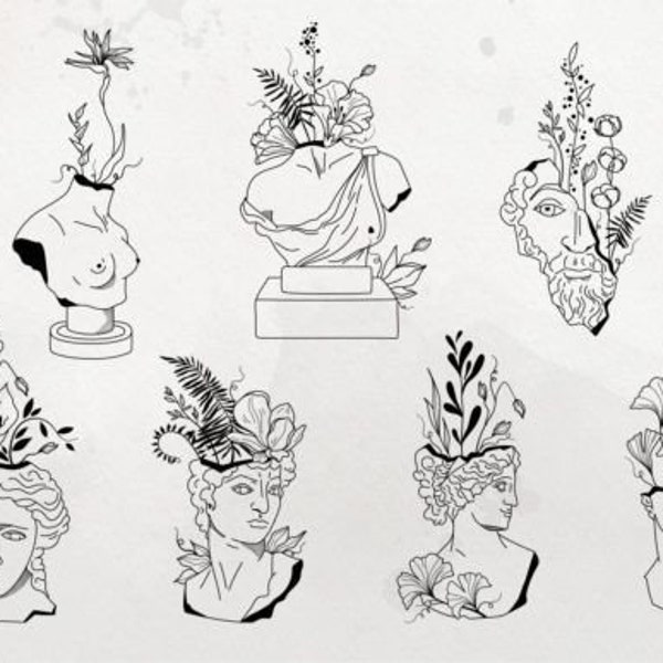 Ancient Floral Greek Statues SVG PNG Graphic , Greek Illustrations , Ancient Graphic , Greek Tattoo , Greek Sculptures , Clipart Downloads