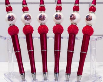 Red White & Blue Flower Beaded Pen Refillable Novelty Pen