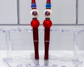 Red White & Blue Flower Beaded Pen Refillable Novelty Pen