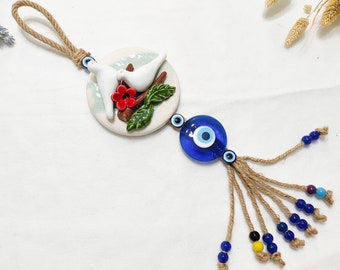 Evil Eye Home Decor, 3D Wall Hanging, Two Bird & Blue Evil Eye Bead, Nazar Amulet, All Seeing Eye, Talisman for Home