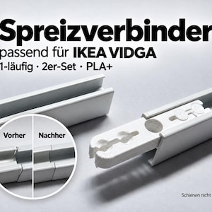 Könnte beinhalten: Ein weißer Kunststoff-Schienenverbinder für IKEA VIDGA Vorhangschienen, als 2er-Set. Das Bild enthält den Text Spreizverbinder, passend für IKEA VIDGA, 1-läufig, 2er-Set, PLA+, Vorher, Nachher und Schienen nicht enthalten.