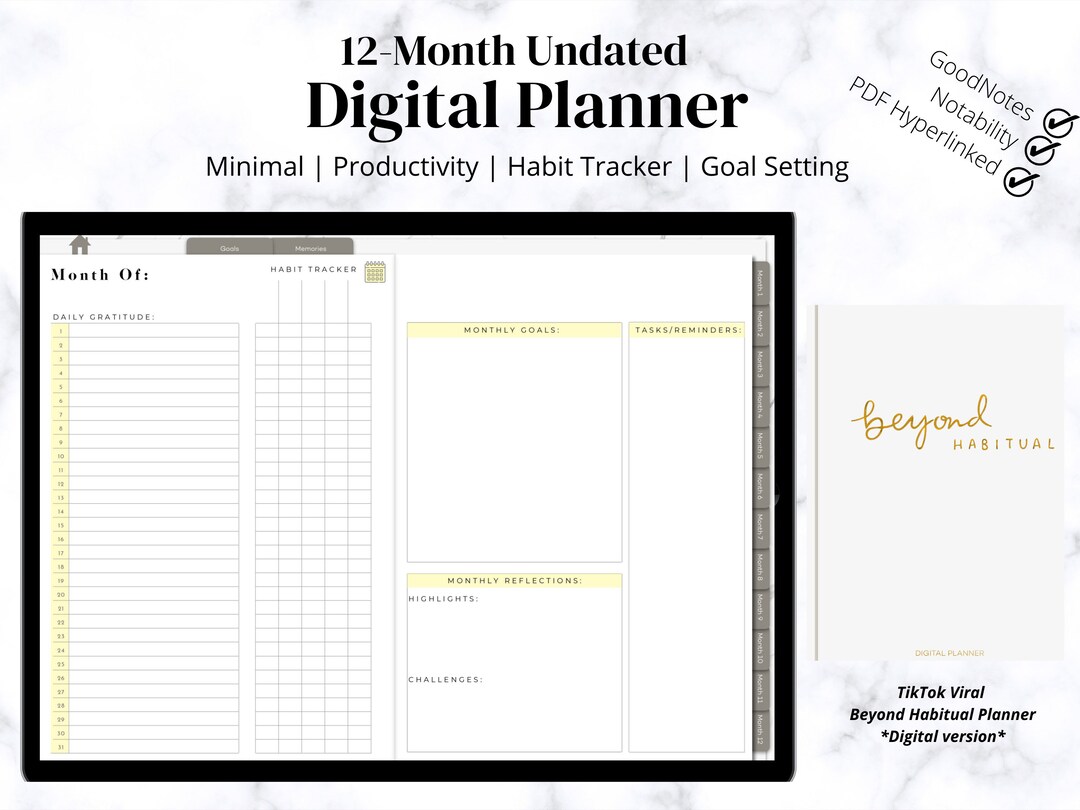 DIGITAL UNDATED 12month Weekly Planner Minimal Productivity
