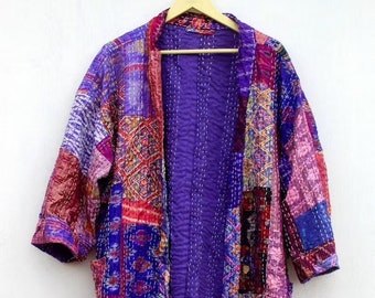 Indischer Kantha Gesteppter Bademantel Mantel Kimono Handgemachte Nachtwäsche Kleid Indischer Obstdruck Kantha Kimono Offene Steppjacke