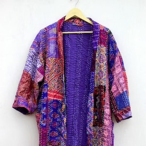 Indian Handmade Kantha Quilt Long Jacket Kimono Women Wear Boho Purple Color Front Open Quilted Jacket