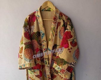 Indische Handgemachte Kantha Quilt Jacke Kimono Damen Tragen Boho Beige Farbe Front Open Quilt Jacken
