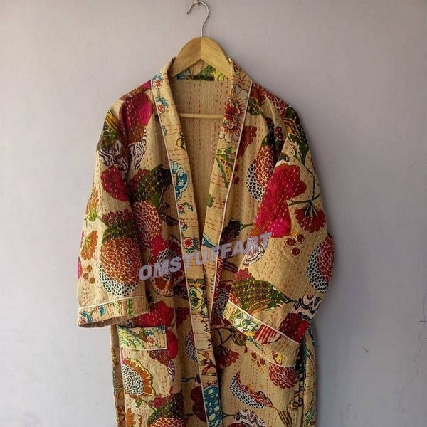 Indian Handmade Kantha Quilt Jacket Kimono Women Wear Boho Beige Color Front Open Quilted Jackets