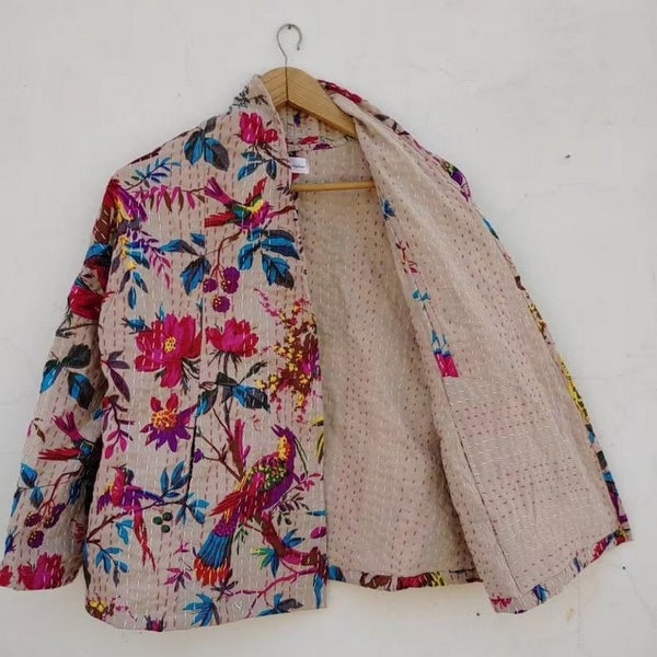 Indian Handmade Kantha Quilt Jacket Kimono Women Wear Boho Beige Color Front Open Quilted Jackets