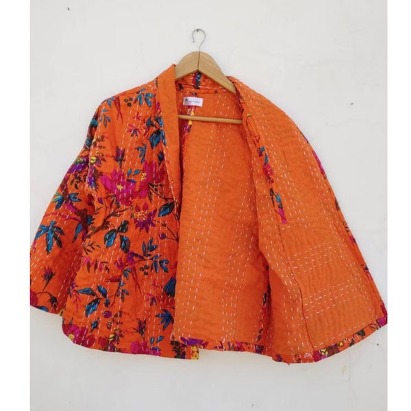 Indian Handmade Kantha Quilt Jacket Kimono Women Wear Boho Orange Color Front Open Quilted Jackets Banjara Long Kimono Coat