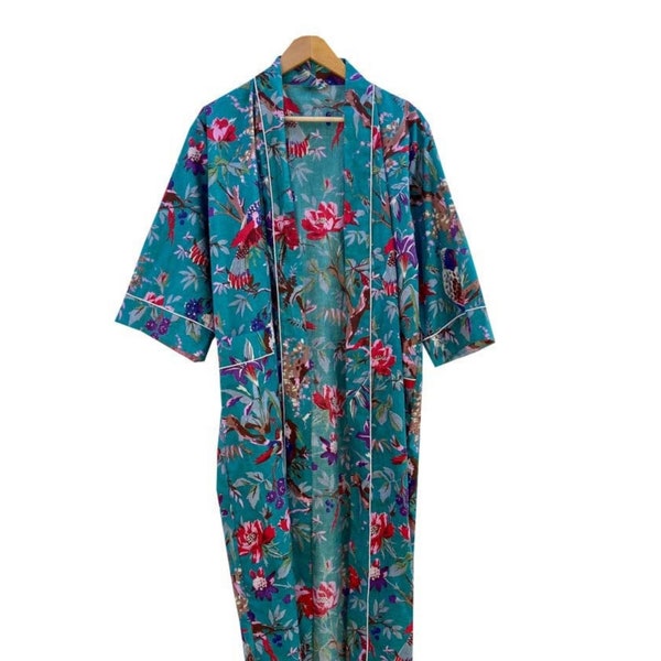 Bird Print Cotton Kimono Robes for Women Indian Dressing Gown Unisex Beach Wear Kimono Robe Bridesmaid Gifts Mother's day gift