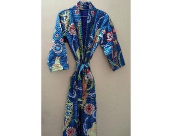 Indische handgemachte Kantha Quilt Kimono Jacke Frauen tragen Boho Blaue Farbe Vogel Kantha Kimono Front offene gesteppte Jacke