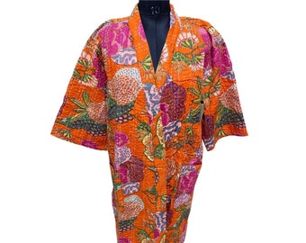 Indische Handgemachte Kantha Quilt Jacke Kimono Damen Tragen Boho Orange Farbe Front Open Quilted Jacke Handgemacht Kantha Quilted Jacke Langjacke