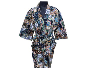 Indische Handgemachte Kantha Quilt Jacke Kimono Damen Tragen Boho Schwarz Farbe Front Open Quilted Jacke Handgemacht Kantha Quilted Jacke Langjacke