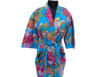 Indische Handgemachte Kantha Quilt Jacke Kimono Damen Tragen Boho Blau Farbe Front Open Quilted Jacken Handgemacht Kantha Quilted Jacke Langjacke