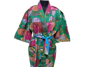 Indische Handgemachte Kantha Quilt Jacke Kimono Damen Tragen Boho Grün Farbe Front Open Quilted Jacken Handgemacht Kantha Quilted Jacke Langjacke