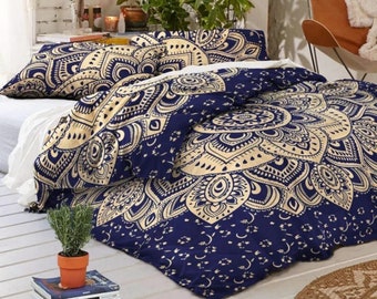 Blau Golden Mandala Baumwolle Bettbezug Boho Bettüberwurf Bettüberwurf Hippie Gypsy Quilt Doona Bezug Boho Comforter Cover Set