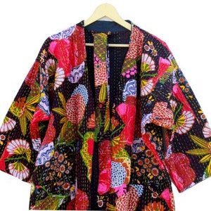 Indian Handmade Kantha Quilt Long Jacket Kimono Women Wear Boho  Black Color Front Open Quilted Jacket