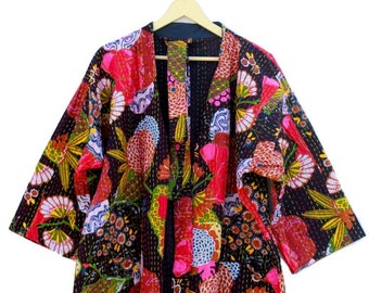 Indian Handmade Kantha Quilt Long Jacket Kimono Women Wear Boho  Black Color Front Open Quilted Jacket