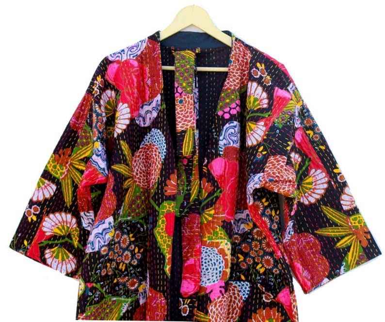 Indian Handmade Kantha Quilt Long Jacket Kimono Women Wear Boho Black Color Front Open Quilted Jacket image 1